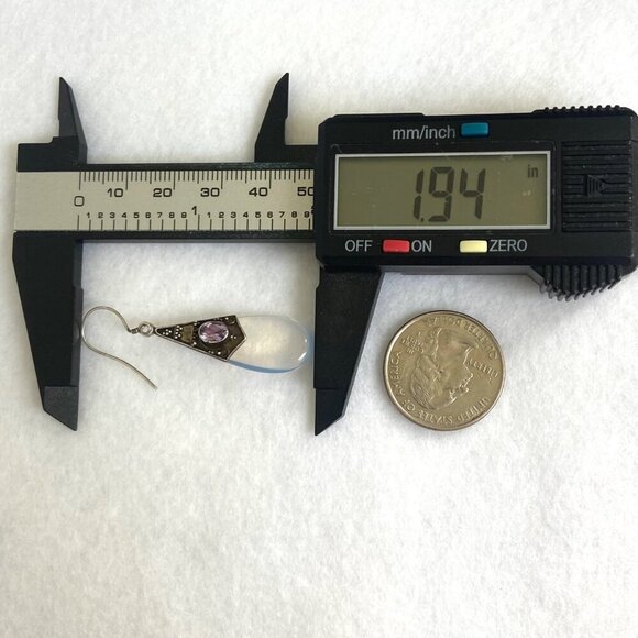 Sterling Silver 925 Oval Bezel Set Amethyst & Opalite Teardrop Dangle Earrings - Picture 16 of 16